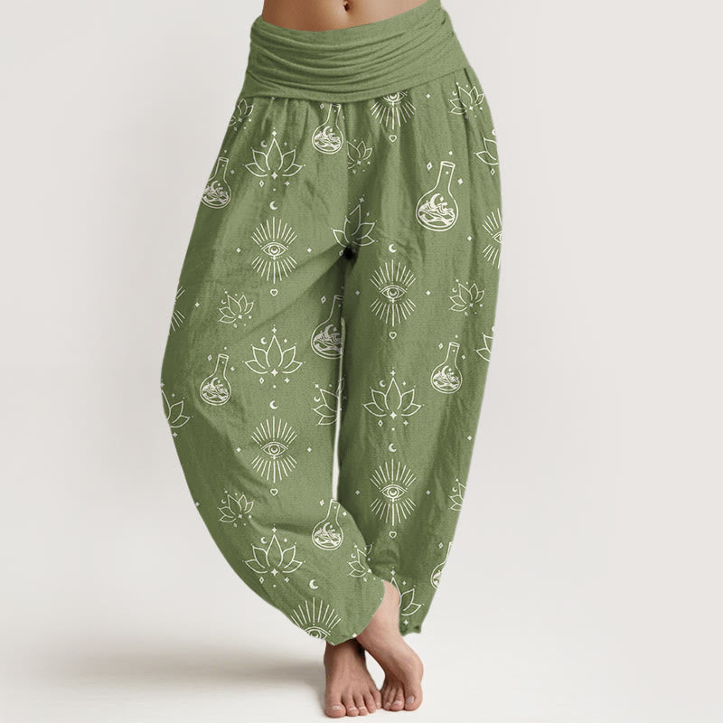 Pantalon sarouel décontracté à taille élastique pour femme, motif œil d'Horus et Buddha Stones - Vert olive - US22，UK/AU26，EU54 (6XL) - image 7