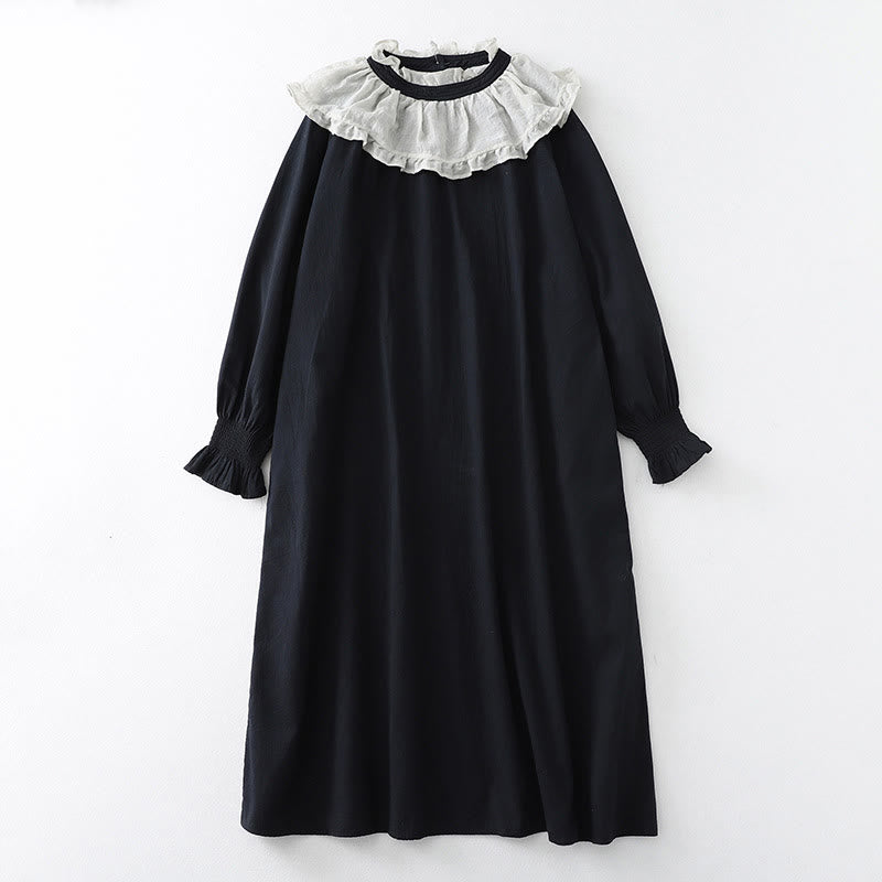 Robe mi-longue bouffante en coton à manches longues et poches, motif patchwork en dentelle et volants Buddha Stones - Noir - US12，UK/AU16，EU44 (2XL) - image 11