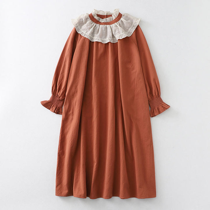 Robe mi-longue bouffante en coton à manches longues et poches, motif patchwork en dentelle et volants Buddha Stones - Chocolat - US12，UK/AU16，EU44 (2XL) - image 1