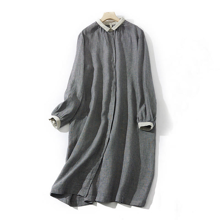 Robe midi en coton et lin à manches longues et poches style lanterne à carreaux gris foncé Buddha Stones Commute - Gris terne - US8-10，UK/AU12-14，EU40-42 (2XL) - image 0