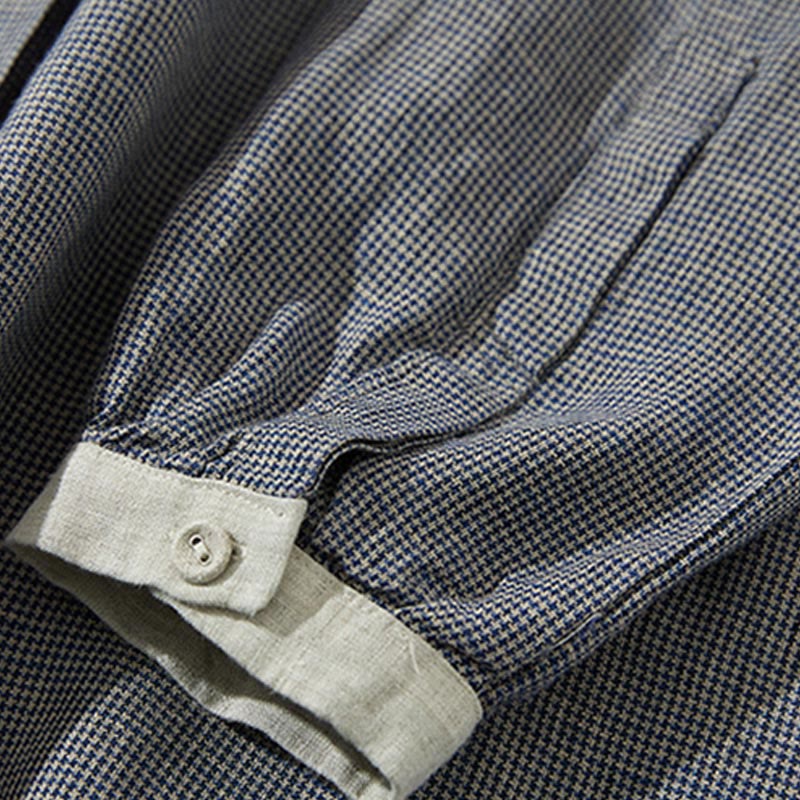 Robe midi en coton et lin à manches longues et poches style lanterne à carreaux gris foncé Buddha Stones Commute - image 5