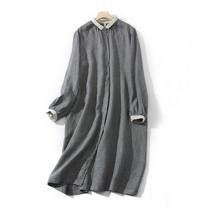 Robe midi en coton et lin à manches longues et poches style lanterne à carreaux gris foncé Buddha Stones Commute - DimGray - US8-10，UK/AU12-14，EU40-42 (2XL) - image 1