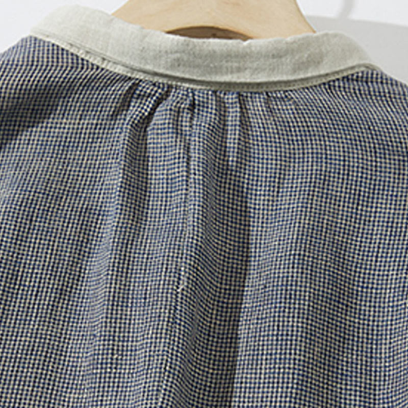 Robe midi en coton et lin à manches longues et poches style lanterne à carreaux gris foncé Buddha Stones Commute - image 3