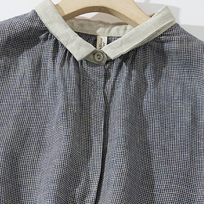 Robe midi en coton et lin à manches longues et poches style lanterne à carreaux gris foncé Buddha Stones Commute - image 2