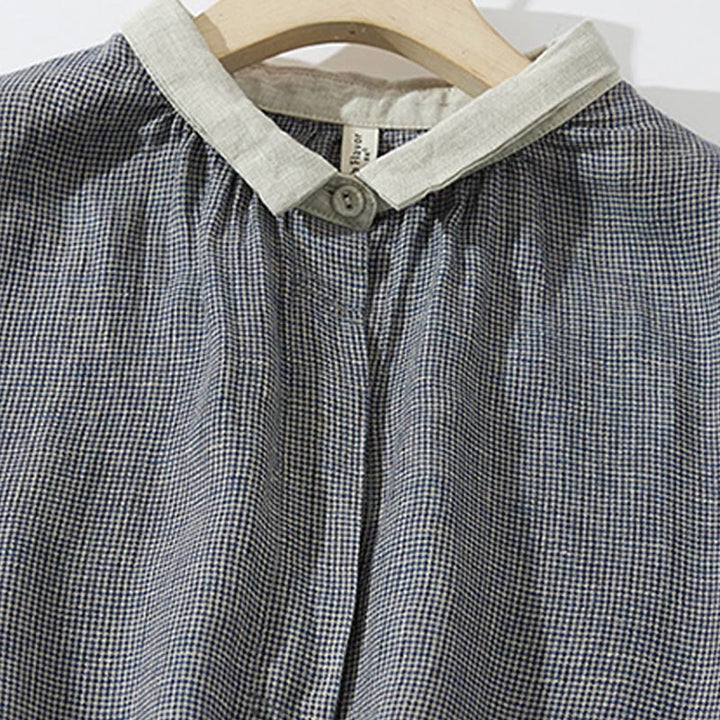 Robe midi en coton et lin à manches longues et poches style lanterne à carreaux gris foncé Buddha Stones Commute - image 2