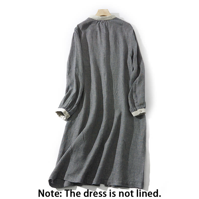 Robe midi en coton et lin à manches longues et poches style lanterne à carreaux gris foncé Buddha Stones Commute - image 2