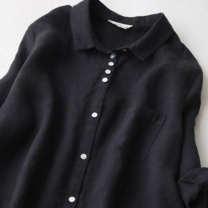 Robe mi-longue en coton et lin à revers, manches trois-quarts, boutons et Buddha Stones, avec poches - image 2