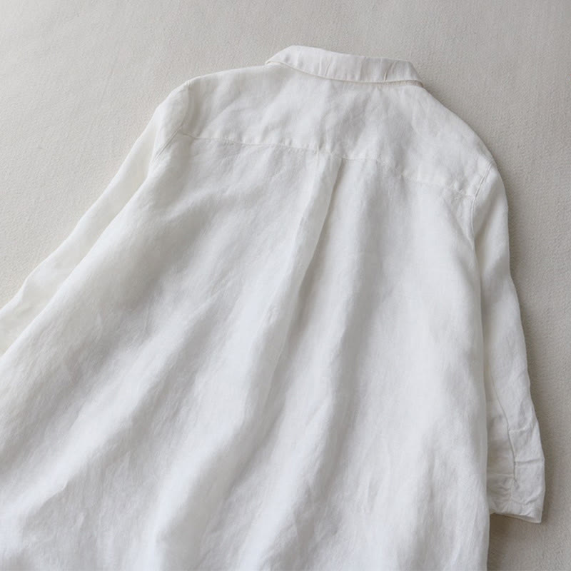 Robe mi-longue en coton et lin à revers, manches trois-quarts, boutons et Buddha Stones, avec poches - image 8