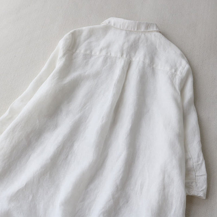 Robe mi-longue en coton et lin à revers, manches trois-quarts, boutons et Buddha Stones, avec poches - image 8