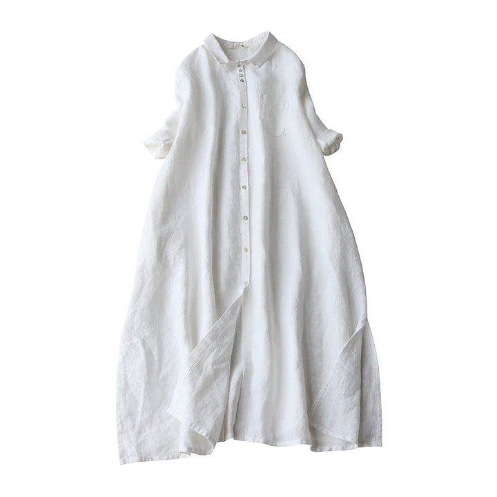 Robe mi-longue en coton et lin à revers, manches trois-quarts, boutons et Buddha Stones, avec poches - Blanc - US8-10，UK/AU12-14，EU40-42 (2XL) - image 6