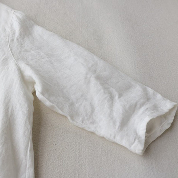 Robe mi-longue en coton et lin à revers, manches trois-quarts, boutons et Buddha Stones, avec poches - image 10