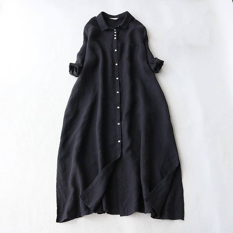 Robe mi-longue en coton et lin à revers, manches trois-quarts, boutons et Buddha Stones, avec poches - Noir - US8-10，UK/AU12-14，EU40-42 (2XL) - image 1