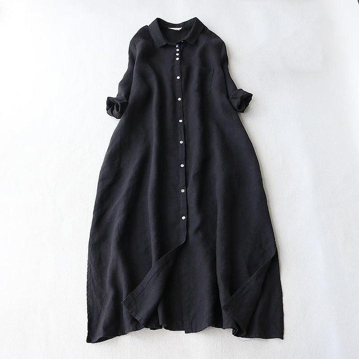 Robe mi-longue en coton et lin à revers, manches trois-quarts, boutons et Buddha Stones, avec poches - Noir - US8-10，UK/AU12-14，EU40-42 (2XL) - image 1