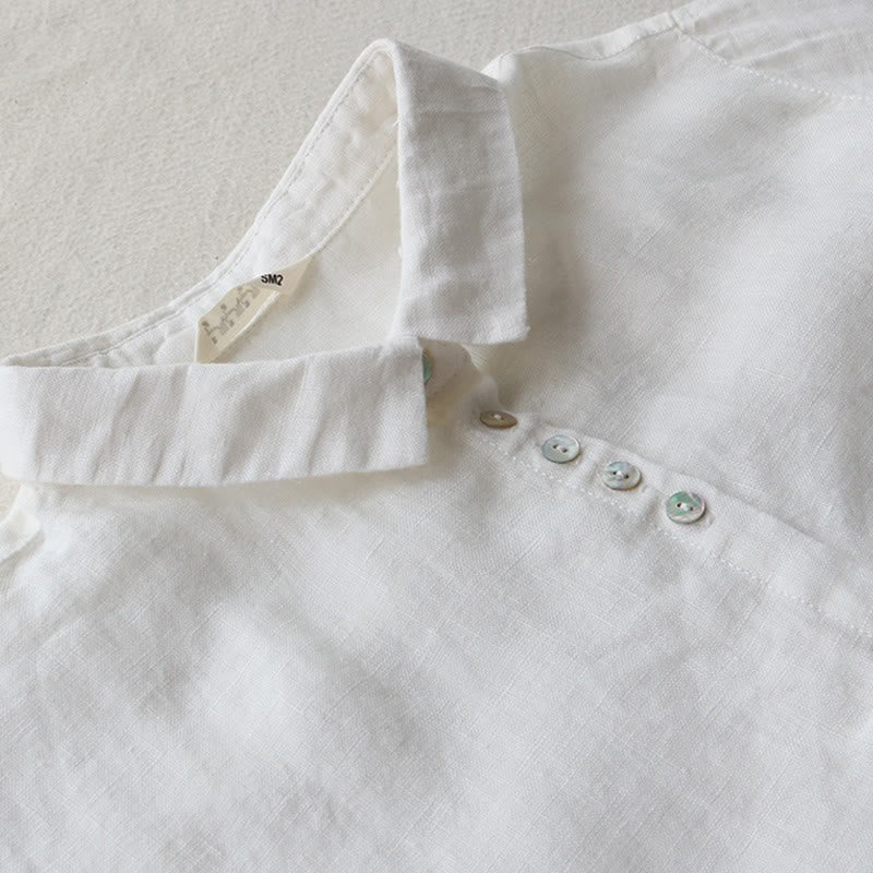 Robe mi-longue en coton et lin à revers, manches trois-quarts, boutons et Buddha Stones, avec poches - image 7