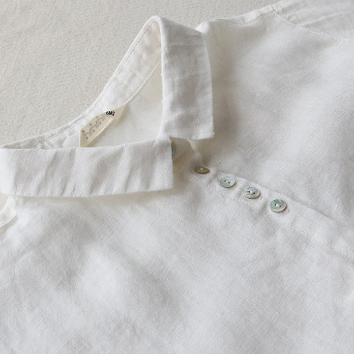 Robe mi-longue en coton et lin à revers, manches trois-quarts, boutons et Buddha Stones, avec poches - image 7