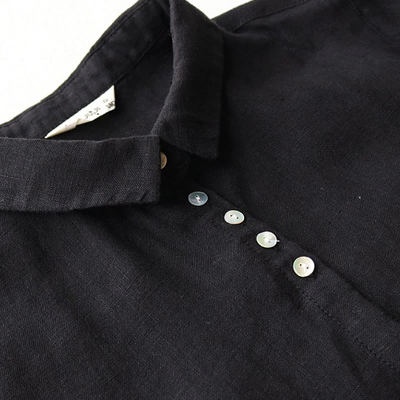 Robe mi-longue en coton et lin à revers, manches trois-quarts, boutons et Buddha Stones, avec poches - image 3