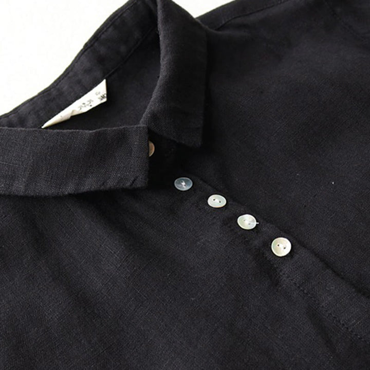 Robe mi-longue en coton et lin à revers, manches trois-quarts, boutons et Buddha Stones, avec poches - image 3