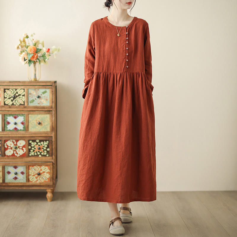 Robe mi-longue en coton à manches longues et poches, motif Buddha Stones orange et rouge, à lacets - OrangeRouge - US8-10，UK/AU12-14，EU40-42 (2XL) - image 1