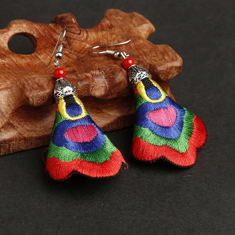 Boucles d'oreilles en Buddha Stones faites à la main, broderie Yi colorée, harmonie - Couleur extérieure : rouge (poteaux en alliage) - image 1