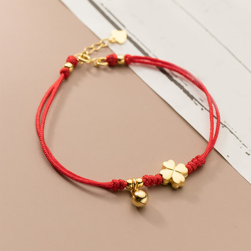 Bracelet de connexion en argent Buddha Stones 925 plaqué or avec trèfle à quatre feuilles et fil rouge - Argent sterling 925 (tour de poignet : 15-17 cm) - image 1