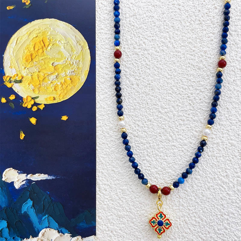 Collier pendentif positif en Buddha Stones , lazurite, lapis-lazuli et perle - Lazurite (♥ Positivité ♥ Soins personnels ♥) - image 0