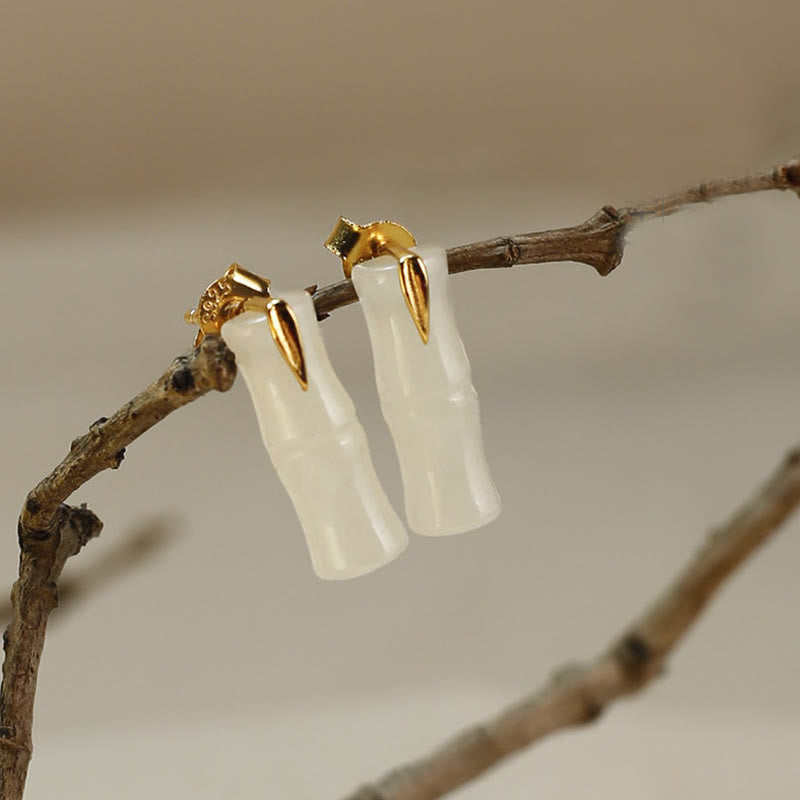 Boucles d'oreilles en argent sterling 925 avec Buddha Stones, bambou, jade Hetian, feuilles et richesse - Jade Hetian poli (tiges en argent sterling 925) - Longues feuilles de bambou - image 1