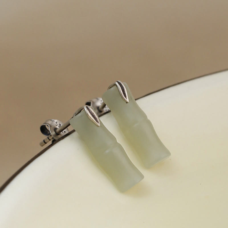 Boucles d'oreilles en argent sterling 925 avec Buddha Stones, bambou, jade Hetian, feuilles et richesse - Jade Hetian mat (poteaux en argent sterling 925) - Feuilles de bambou courtes - image 10