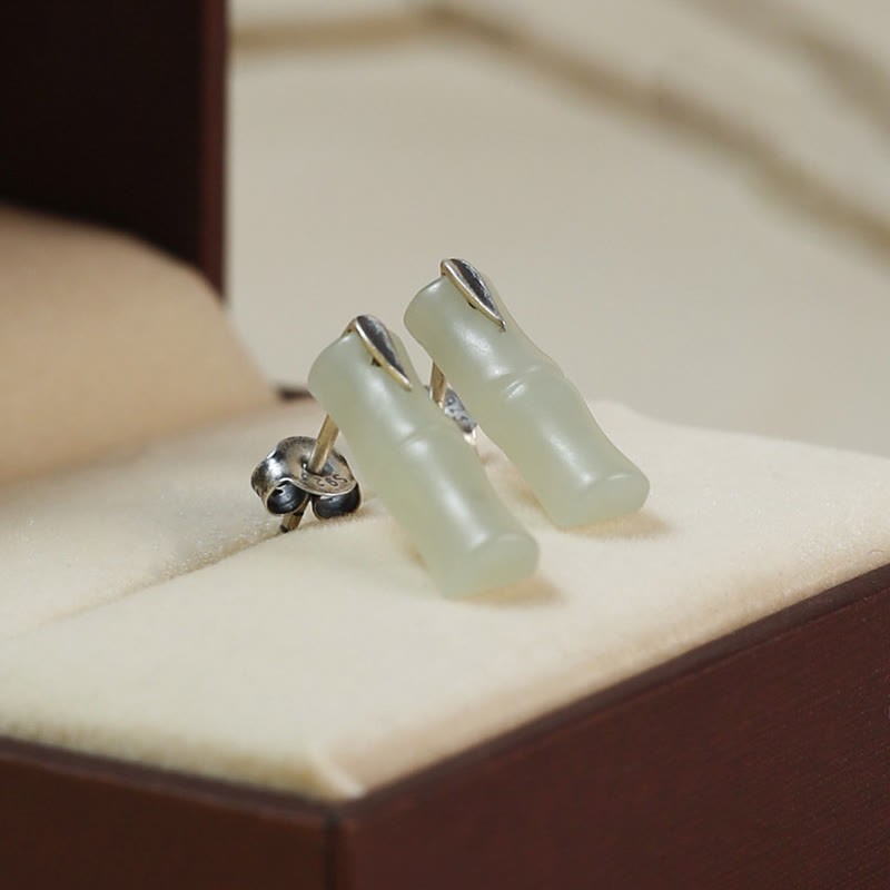 Boucles d'oreilles en argent sterling 925 avec Buddha Stones, bambou, jade Hetian, feuilles et richesse - Jade Hetian mat (poteaux en argent sterling 925) - Longues feuilles de bambou - image 9