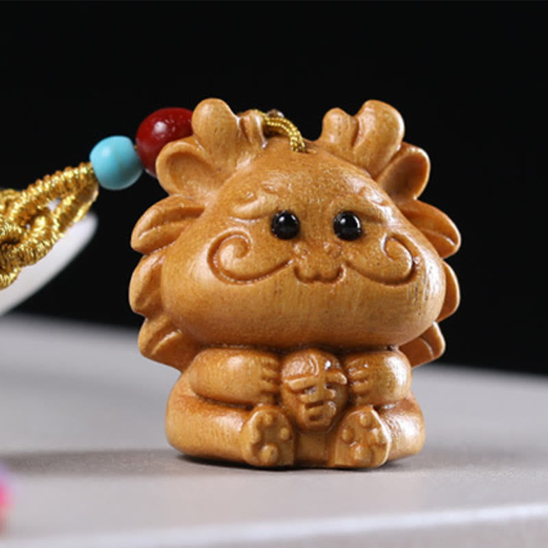 Porte-clés pompon coloré avec Buddha Stones et bois de santal, 12 bénédictions du zodiaque chinois - Dragon - image 1