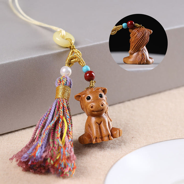 Porte-clés pompon coloré avec Buddha Stones et bois de santal, 12 bénédictions du zodiaque chinois - Cheval - image 23