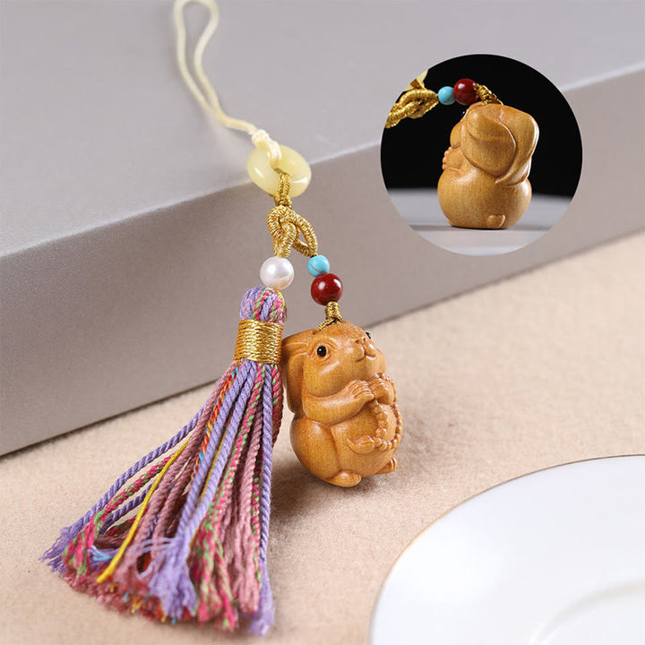 Porte-clés pompon coloré avec Buddha Stones et bois de santal, 12 bénédictions du zodiaque chinois - Lapin - image 19