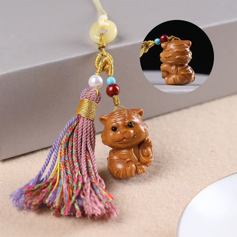 Porte-clés pompon coloré avec Buddha Stones et bois de santal, 12 bénédictions du zodiaque chinois - Tigre - image 17
