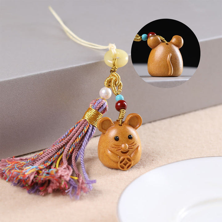 Porte-clés pompon coloré avec Buddha Stones et bois de santal, 12 bénédictions du zodiaque chinois - Rat - image 7
