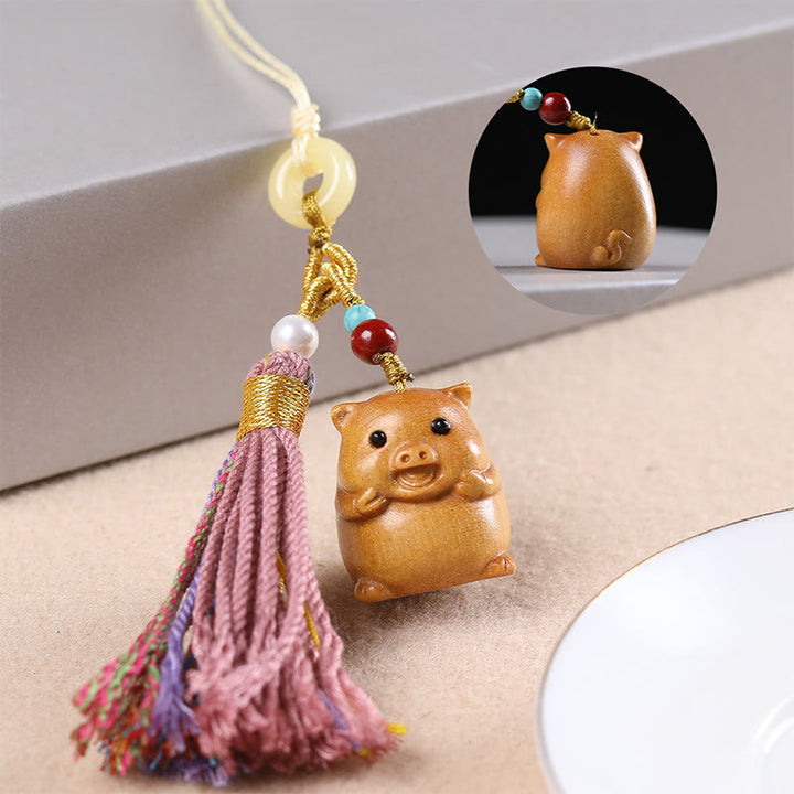 Porte-clés pompon coloré avec Buddha Stones et bois de santal, 12 bénédictions du zodiaque chinois - Cochon - image 33