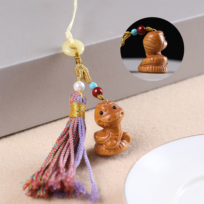 Porte-clés pompon coloré avec Buddha Stones et bois de santal, 12 bénédictions du zodiaque chinois - Serpent - image 21