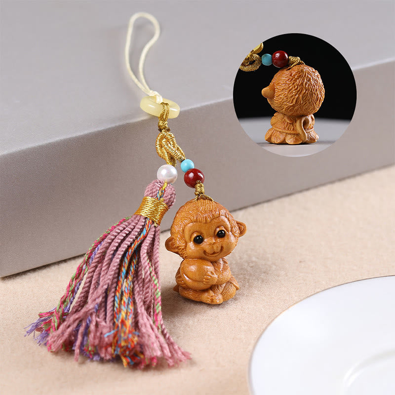 Porte-clés pompon coloré avec Buddha Stones et bois de santal, 12 bénédictions du zodiaque chinois - Singe - image 27