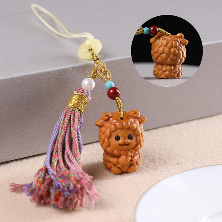 Porte-clés pompon coloré avec Buddha Stones et bois de santal, 12 bénédictions du zodiaque chinois - Chèvre - image 25