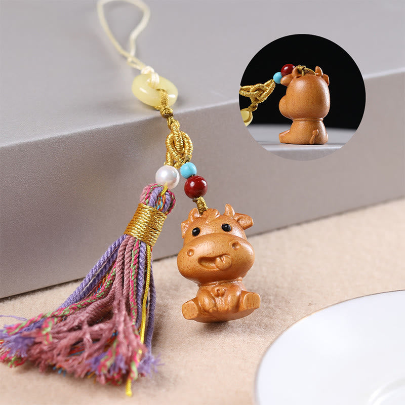 Porte-clés pompon coloré avec Buddha Stones et bois de santal, 12 bénédictions du zodiaque chinois - Bœuf - image 12