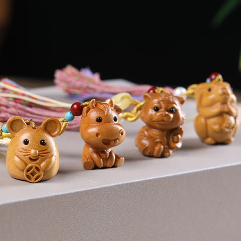 Porte-clés pompon coloré avec Buddha Stones et bois de santal, 12 bénédictions du zodiaque chinois - image 35