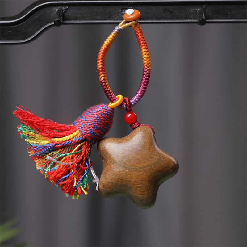 Porte-clés tibétain en corde colorée avec Buddha Stones , bois de santal vert, étoile, lune, paix - Étoile (23*36mm) - image 1