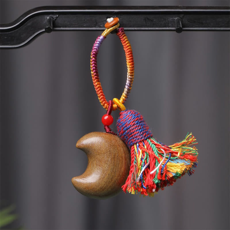 Porte-clés tibétain en corde colorée avec Buddha Stones , bois de santal vert, étoile, lune, paix - Lune (29*32mm) - image 2