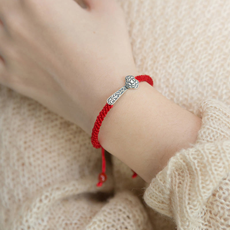 Bracelet porte-bonheur tressé en fil rouge avec Buddha Stones rétro en argent sterling 925 Ruyi As One Wishes - image 13