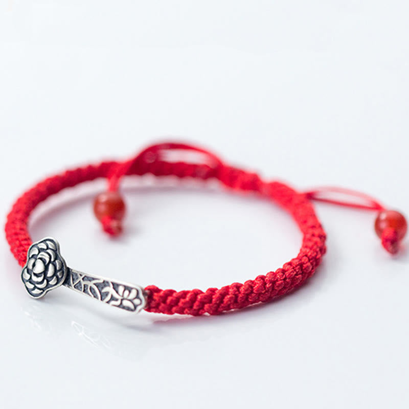 Bracelet porte-bonheur tressé en fil rouge avec Buddha Stones rétro en argent sterling 925 Ruyi As One Wishes - image 2