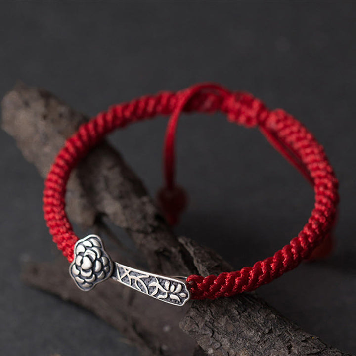 Bracelet porte-bonheur tressé en fil rouge avec Buddha Stones rétro en argent sterling 925 Ruyi As One Wishes - image 5