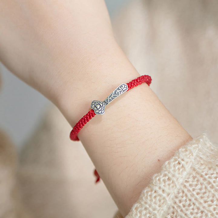 Bracelet porte-bonheur tressé en fil rouge avec Buddha Stones rétro en argent sterling 925 Ruyi As One Wishes - image 11