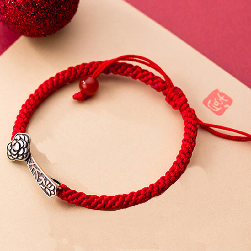 Bracelet porte-bonheur tressé en fil rouge avec Buddha Stones rétro en argent sterling 925 Ruyi As One Wishes - image 3