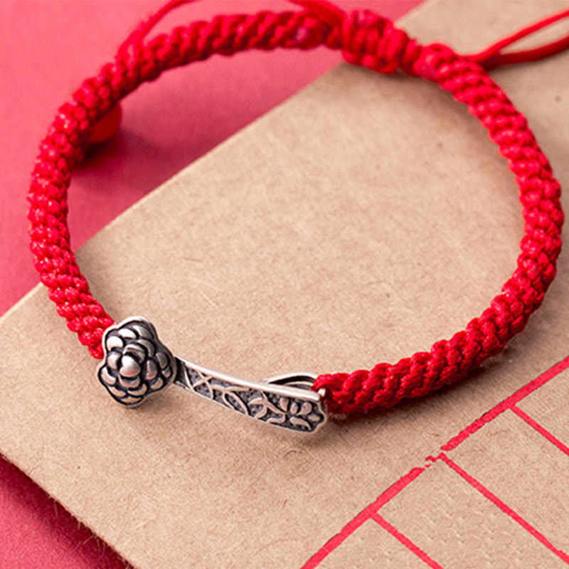 Bracelet porte-bonheur tressé en fil rouge avec Buddha Stones rétro en argent sterling 925 Ruyi As One Wishes - image 8