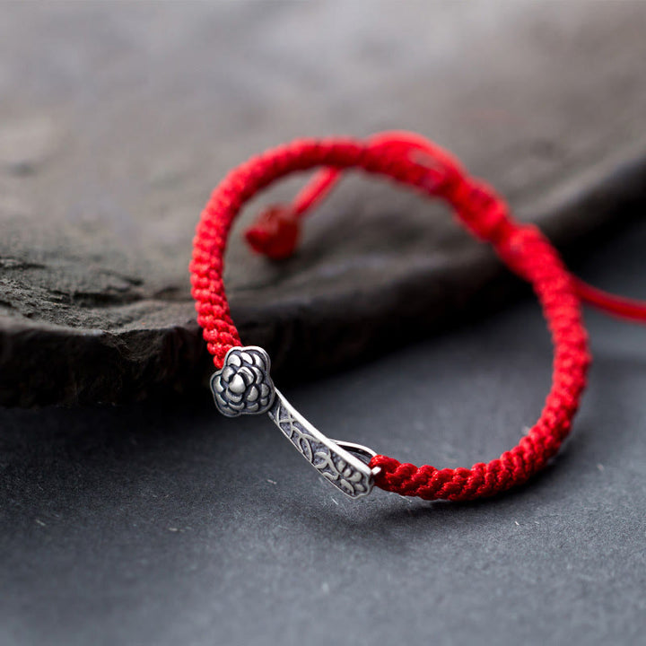 Bracelet porte-bonheur tressé en fil rouge avec Buddha Stones rétro en argent sterling 925 Ruyi As One Wishes - Argent sterling 925 (tour de poignet : 15-21 cm) - image 1