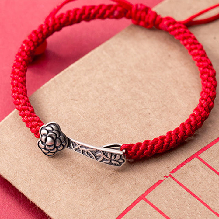 Bracelet porte-bonheur tressé en fil rouge avec Buddha Stones rétro en argent sterling 925 Ruyi As One Wishes - image 9