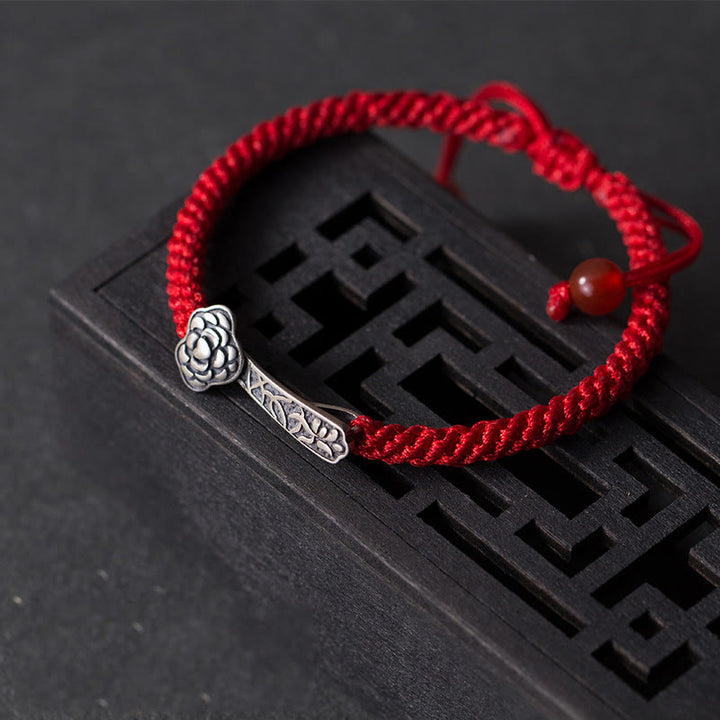 Bracelet porte-bonheur tressé en fil rouge avec Buddha Stones rétro en argent sterling 925 Ruyi As One Wishes - image 1